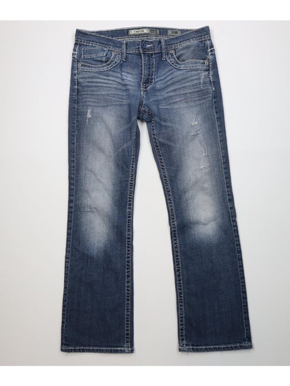 Buckle BKE Mens 33x32 Distressed Thick Stitch Stretch Carter Bootcut Jeans Blue